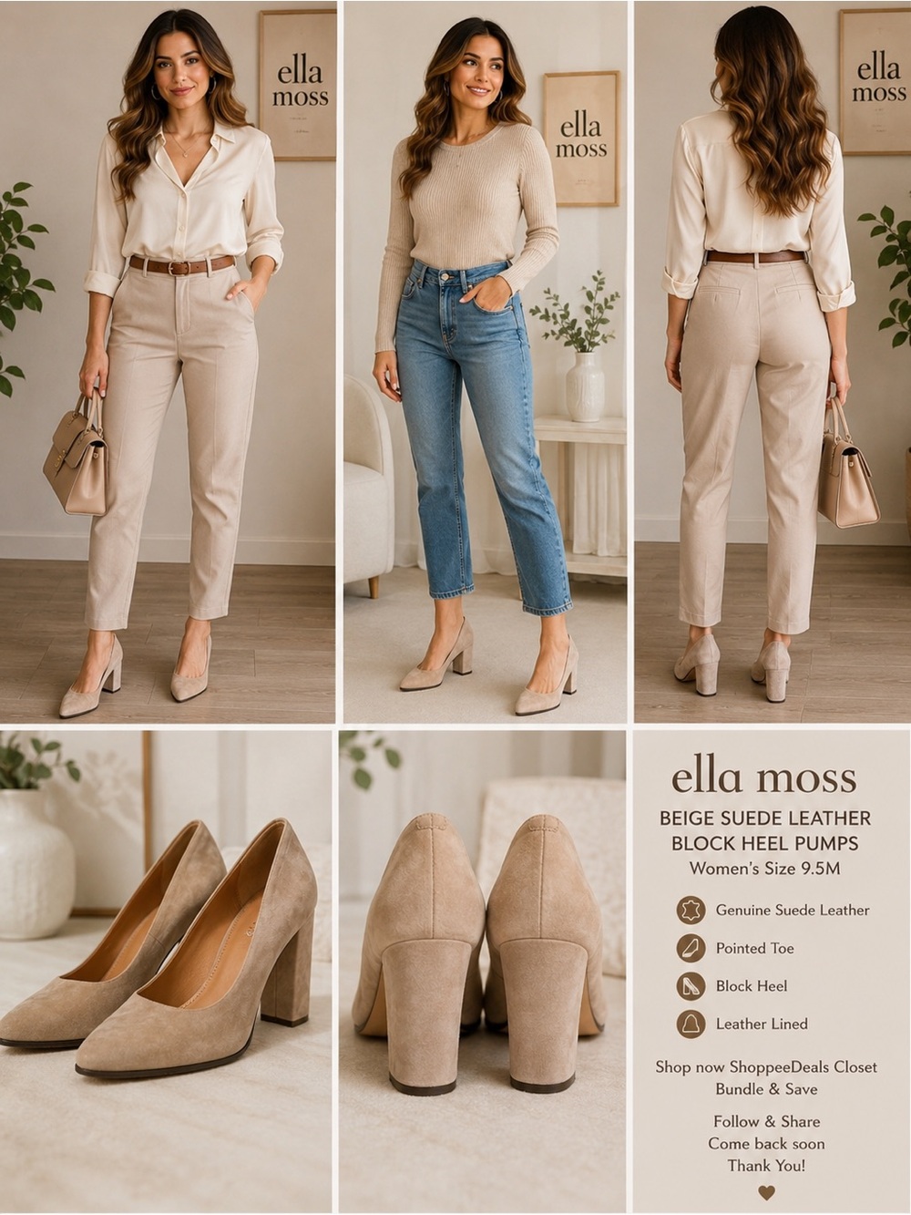 Ella Moss Beige Suede Leather Block Heel Pumps – Women’s Size 9.5M
